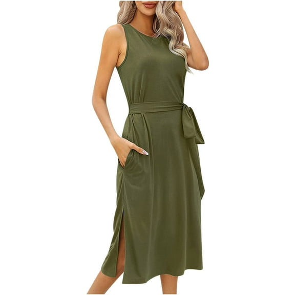 Summer Dresses for Women under $10! Xqxayjr Womens Summer Sleeveless T Shirt Dress Casual Crew Neck Tie Waist Side Split Midi Dresses Loose Vacation Beach Sundress with Pockets