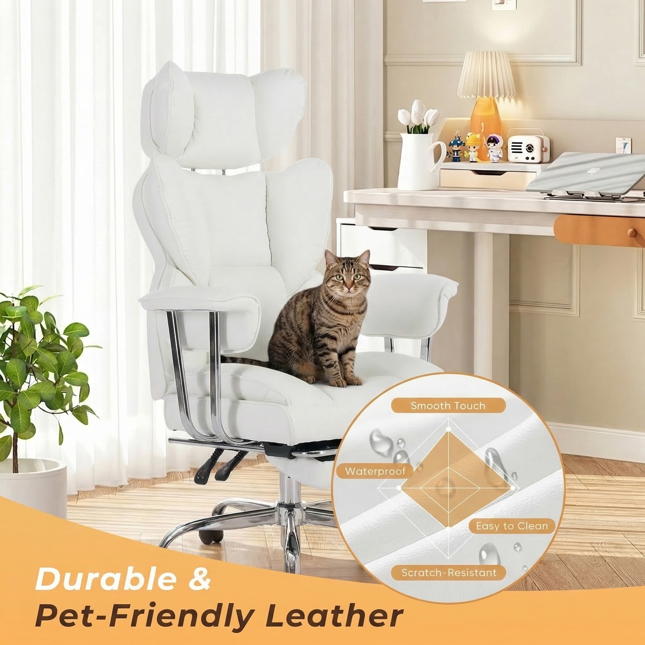 CONCETTA Ergonomic Big and Tall Office Chair, Scratch-Resistant PU Leather Executive Desk Chair with Spring Lumbar Support White
