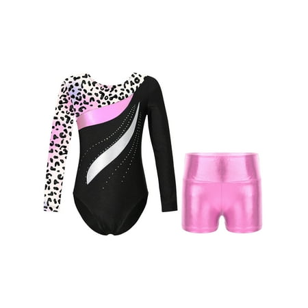 YiZYiF Kids Girls Dance Gymnastics Outfit Performance Costume Leopard Print Patchwork Leotard with Metallic Shorts Leopard 8