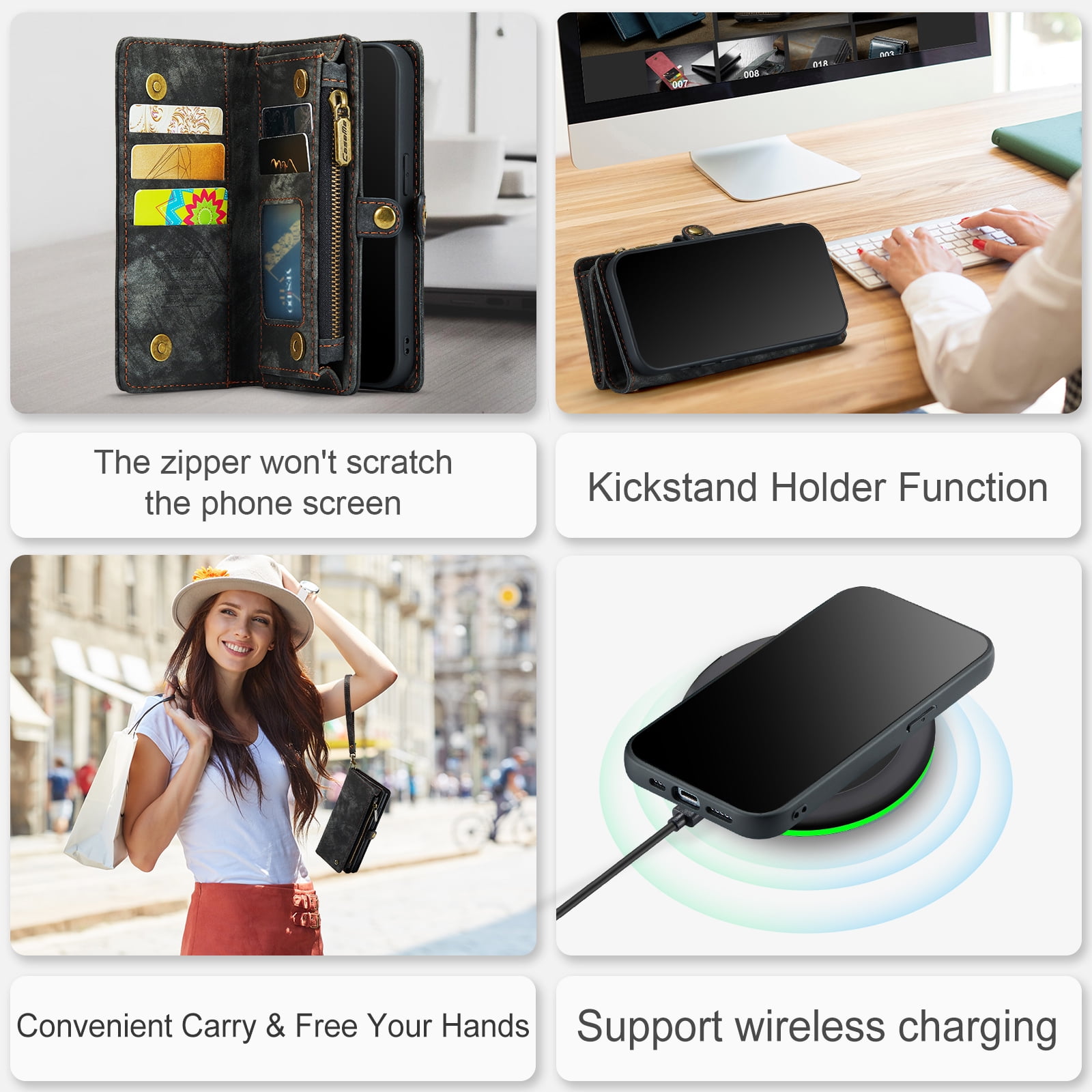Feishell Durable 2-In-1 Magnetic Detachable Wallet Case for iPhone 12 Pro Max,for Women Men,Premium PU Leather Zipper Pocket Flip Multi Card Slots Purse Phone Case with Wrist Strap,Black