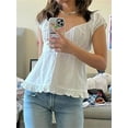thumbnail image 2 of Women Aesthetic Short Sleeve Shirt Lace Patchwork V Neck Button Solid Color Slim Tops Fairy Streetwear, 2 of 5