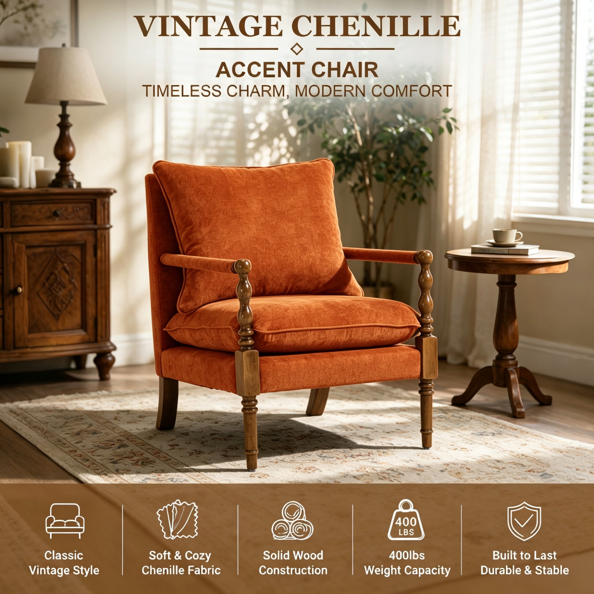 Mid-Century Modern Spindle Armchair,Linen Accent Chair with Cushion & Wood Frame for Living Room Bedroom Office,Orange