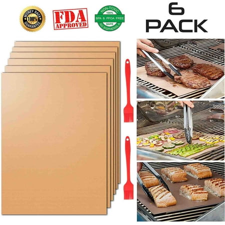 BBQ Grill Mats, Barbecue Grill Mats(Set of 6) , Non-Stick, PFOA Free, 500 Degree Heat Resistant, Reusable, Easy Clean, Work on Gas, Charcoal, Electric Grill - 15.75 x 13