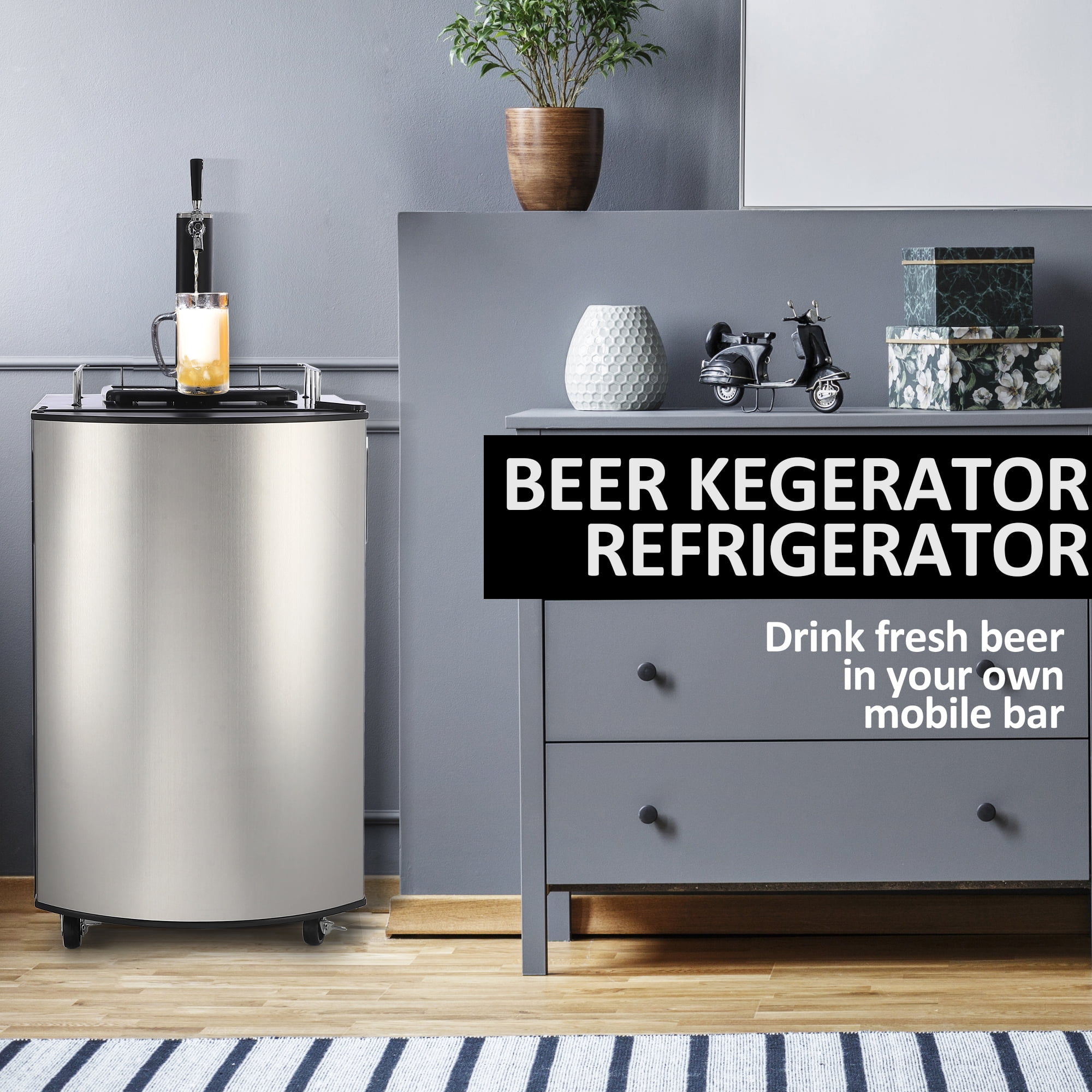Beer Kegerator, Single Tap Draft Beer Dispenser, Full Size Keg Refrigerator With Shelves, Stainless Steel, Drip Tray & Ra il