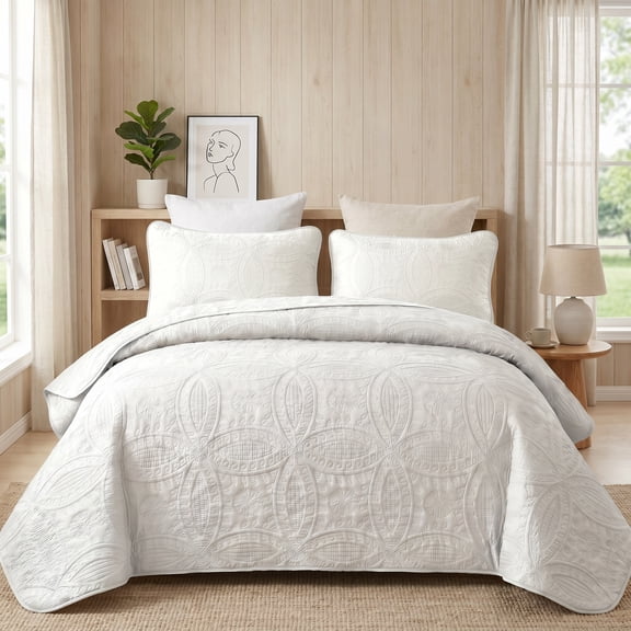 2/3 PCS Solid Color Quilted Bedding Set - Soft Microfiber Ultrasonic Stereo Embossed Bedspread (Includes 1 Quilt & 1-2 Pillowcases), Multiple Solid Colors Available(White,Twin)