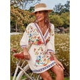 thumbnail image 5 of Women'S V-Neck Floral Print Bell Sleeve Elastic Waist Dress Casual Mini Dress White L, 5 of 9