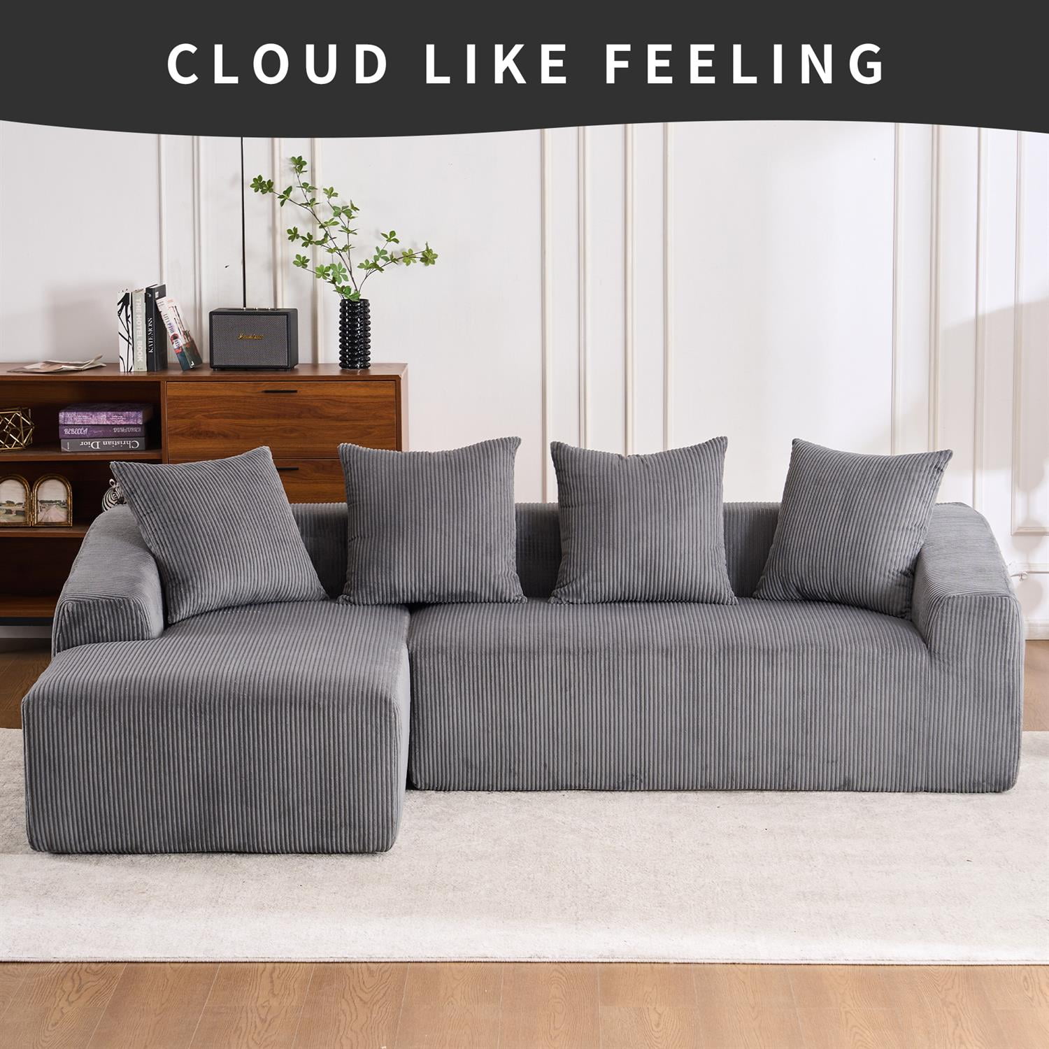 Demi Bonn 101" Corduroy Compression Sofa with Chaise Lounge, 3-Seater Couch with Full Sponge Cushion & 4 Pillows, Ideal for Living Room, Dark Gray