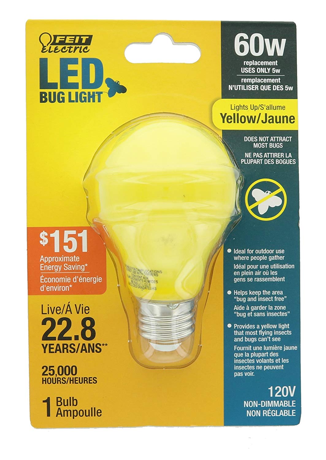 Feit A19 Bug Light Genuine OEM Single 60W Equivalent Yellow LED Energy