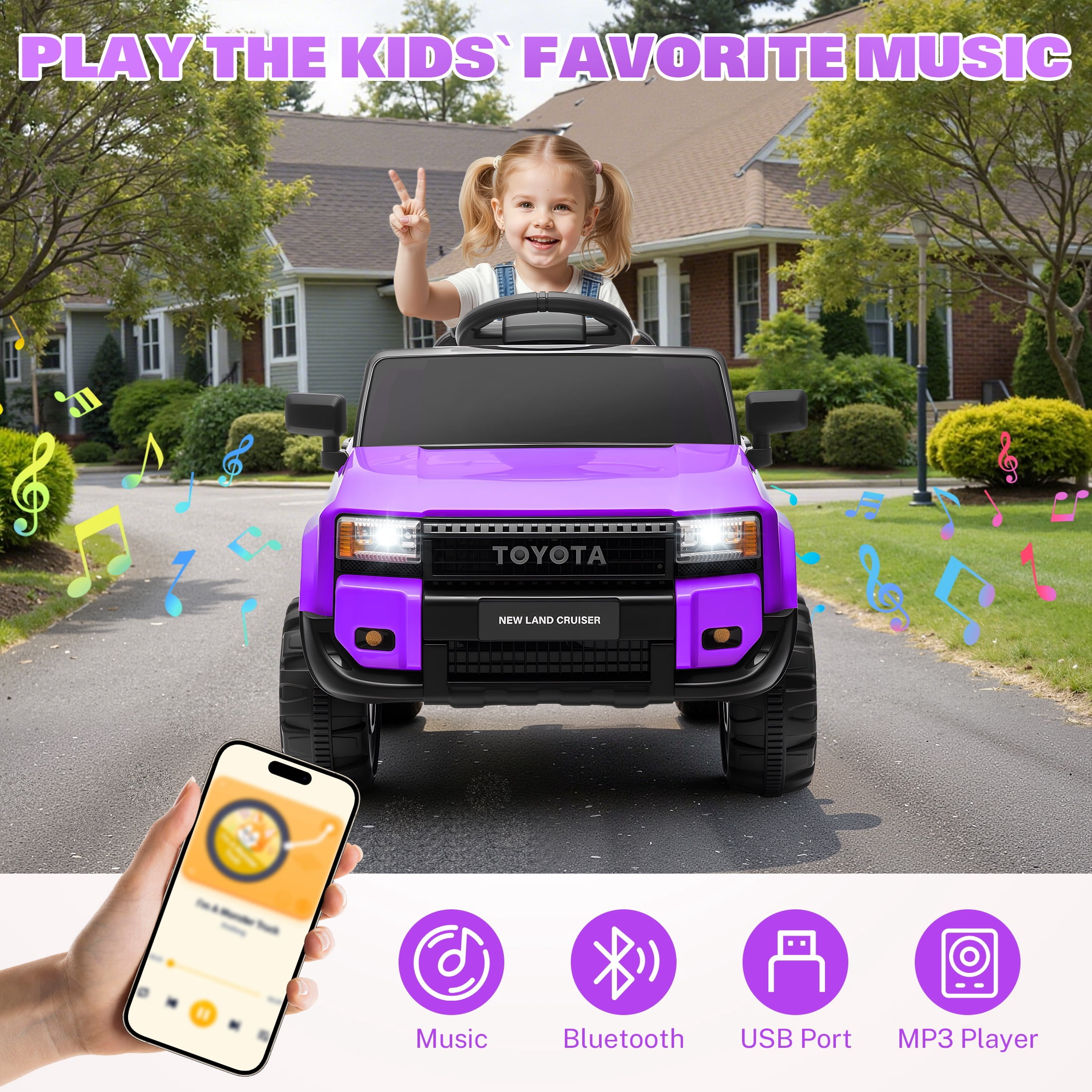12V Ride on Cars with Remote Control, Licensed Toyota LC250 2024 Ride on Toys Vehicle with Bluetooth, Music, AUX/USB Port, Powered Kids Electric Car for Toddlers Boys Girls Ages 3-5 Gift, Purple