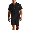 thumbnail image 3 of Laqbezok Men's 2-Piece Linen Set, Casual Short Sleeve Button Down Shirt and Drawstring Shorts Outfit, Relaxed Fit Summer Beach Resort Wear with Pockets, 3 of 6