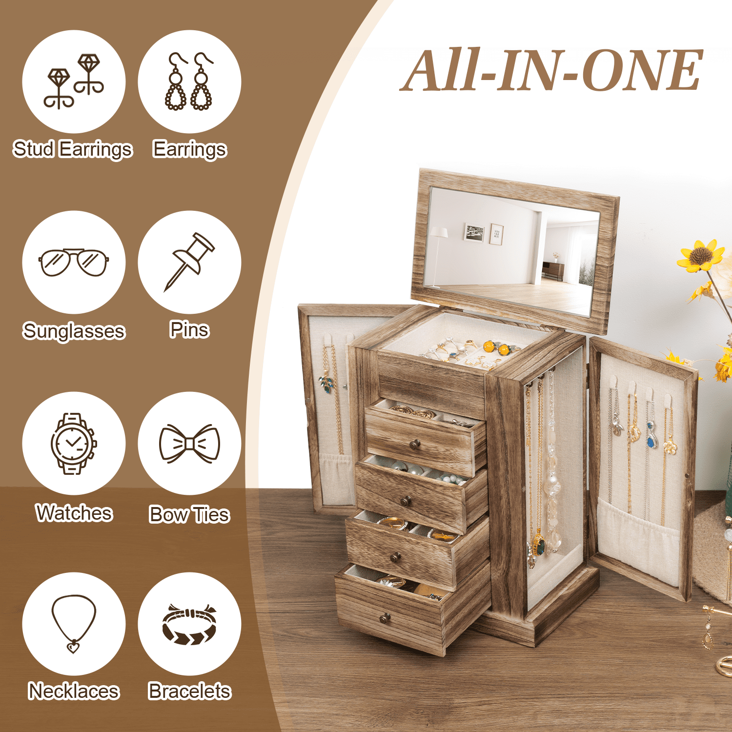 Jewelry Box for Women, 5 Layer Large Wood Boxes & Organizers for Necklaces Earrings Rings Bracelets, Rustic Organizer with Drawers and Mirror