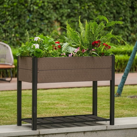 Lumiparty 42"x19"x33" HDPE Raised Garden Bed on Legs with Storage Shelf, Elevated Planter Box with Aluminum Posts, for Patio, Balcony & Outdoor Use
