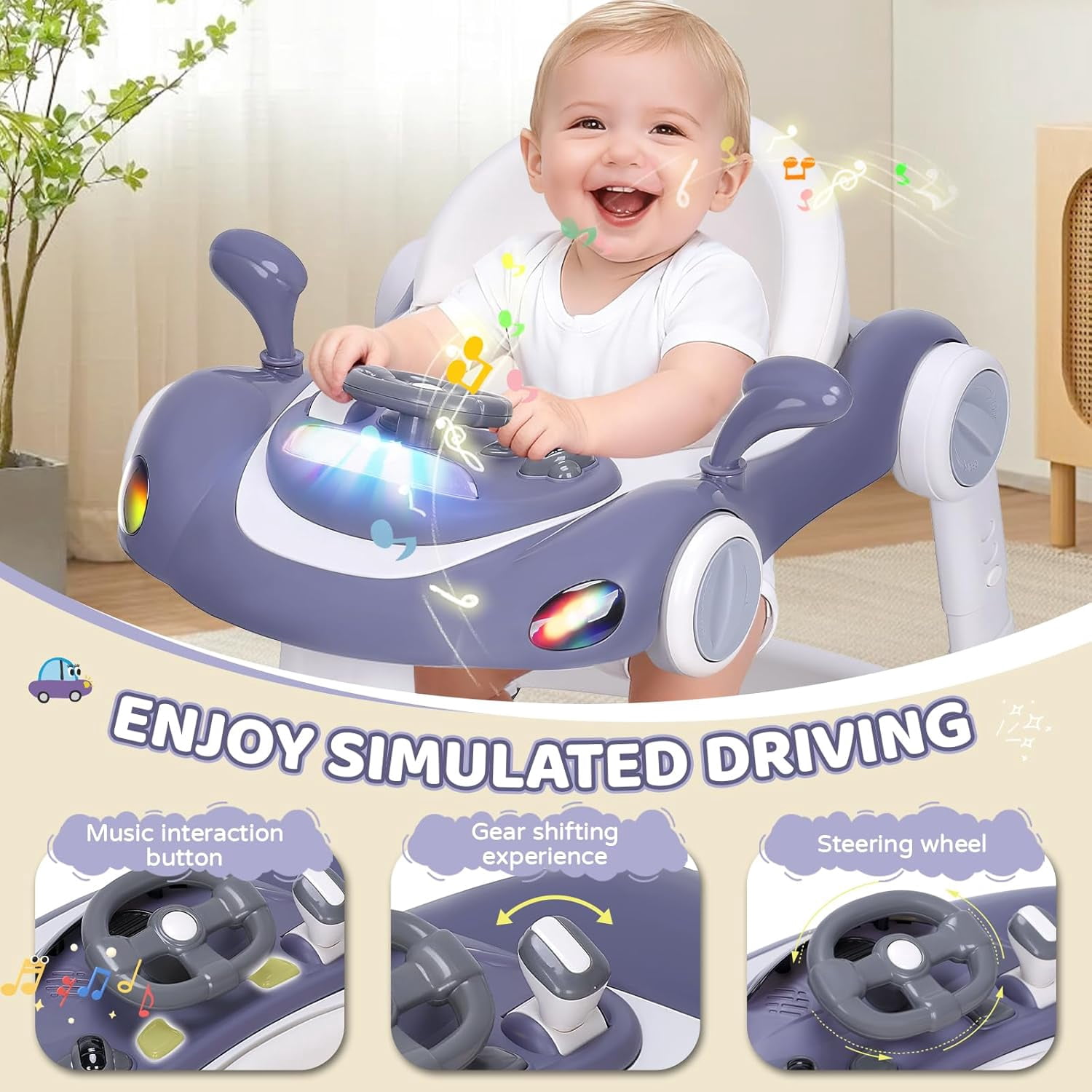 5 in 1 Baby Walker for Boys Girls,Foldable,Music,Jumper,Rocking,Push W/ 3 Height Adjustable for Infant 6-18 Months,Dark Blue