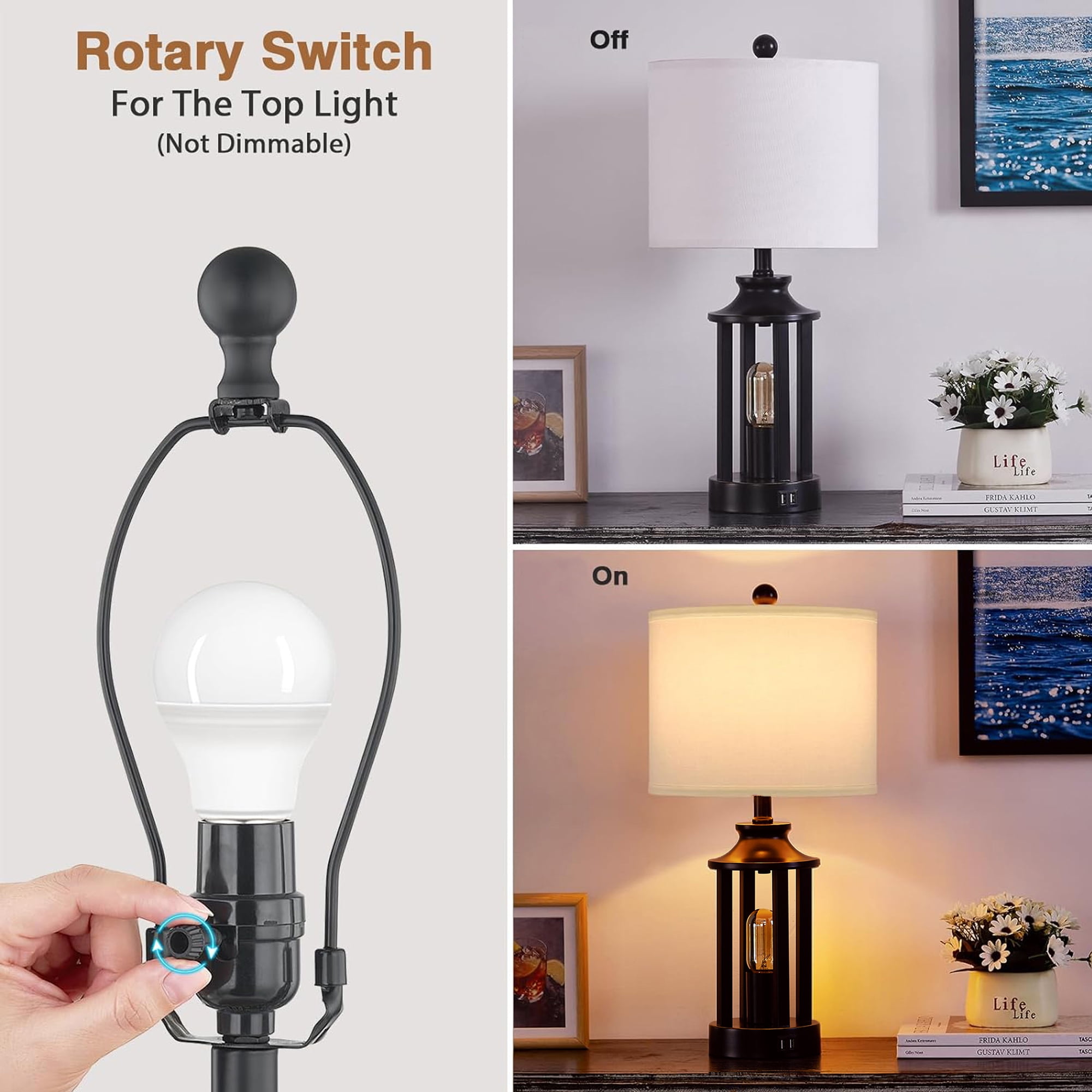 Cinkeda Modern Table Lamp Set of 2 with USB Ports 3 Way Dimmable Nightlight Industrial Black Bedside Lamps for Bedroom Living Room
