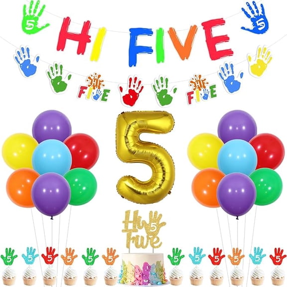 Hi Five Birthday Party Decorations, 5th Birthday Decorations for Boys Girls, Hi Five Banner Garland Cake Cupcake Toppers Number 5 Foil Balloon for 5 Year Old Bday Party