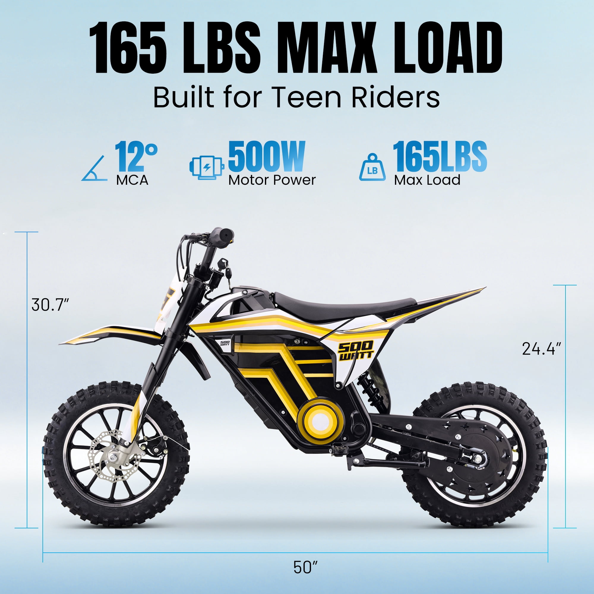 QEASET electric dirt bike, 500W kids dirt bike for Boys Girls Age 8-14, Yellow