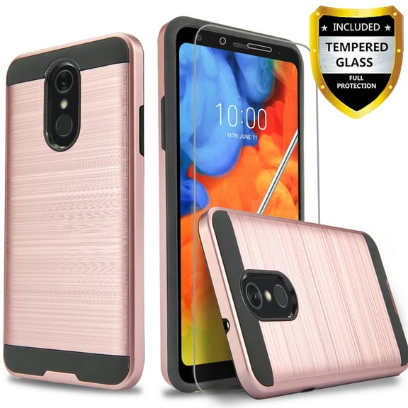 LG Q7 Case, LG Q7 Plus Case, 2-Piece Style Hybrid Shockproof Hard Case Cover with [ Tempered Glass Screen Protector] And Circlemalls Stylus Pen [Rose Gold]