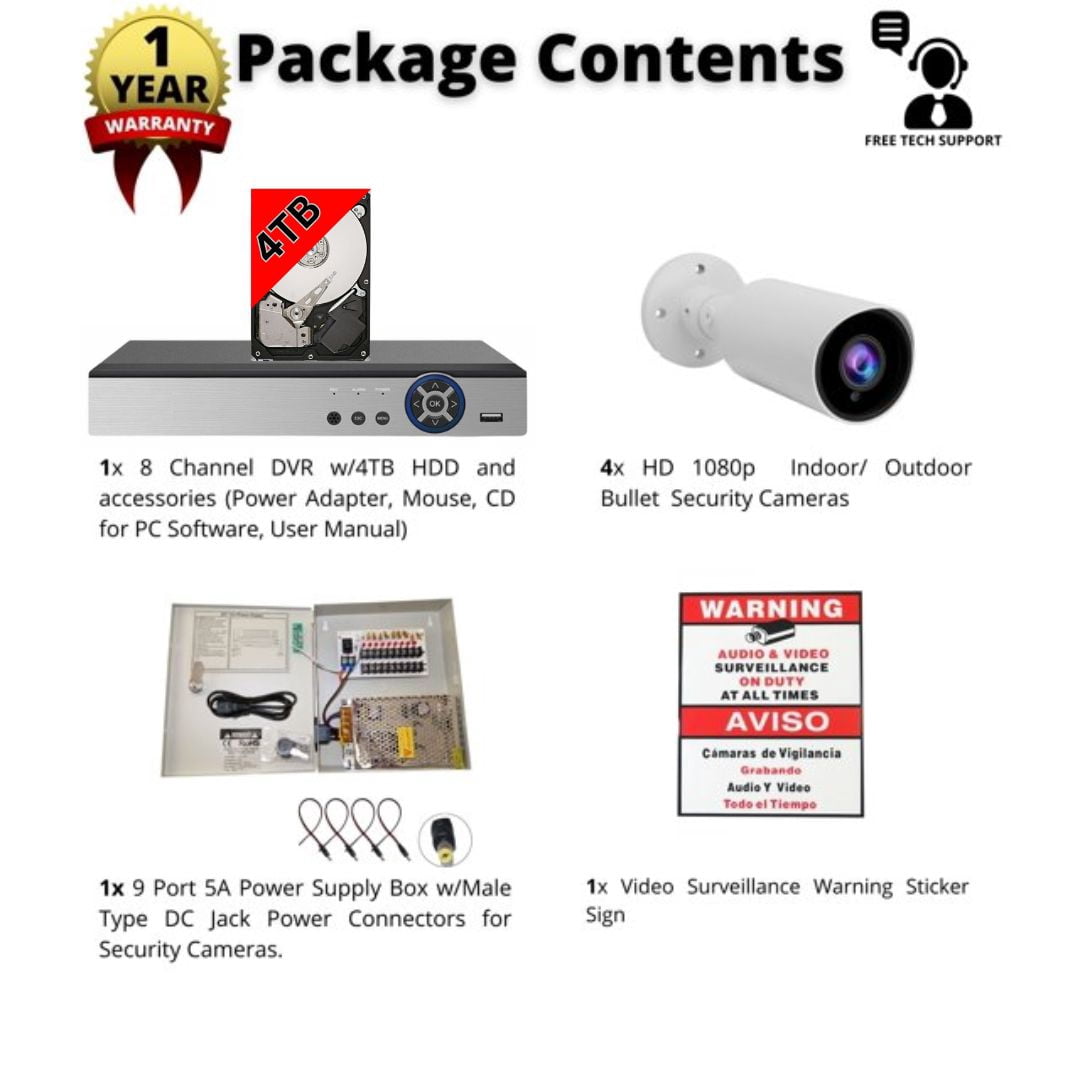 Evertech 8 Channel Security Camera System with 4pcs  1080p HD Indoor Outdoor Metal Bullet Cameras 4TB HDD