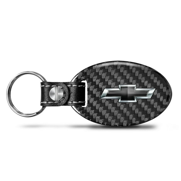 iPick Image for Chevrolet Black Logo Black Real Carbon Fiber Oval Shape with Black Leather Strap Key Chain, Official Licensed