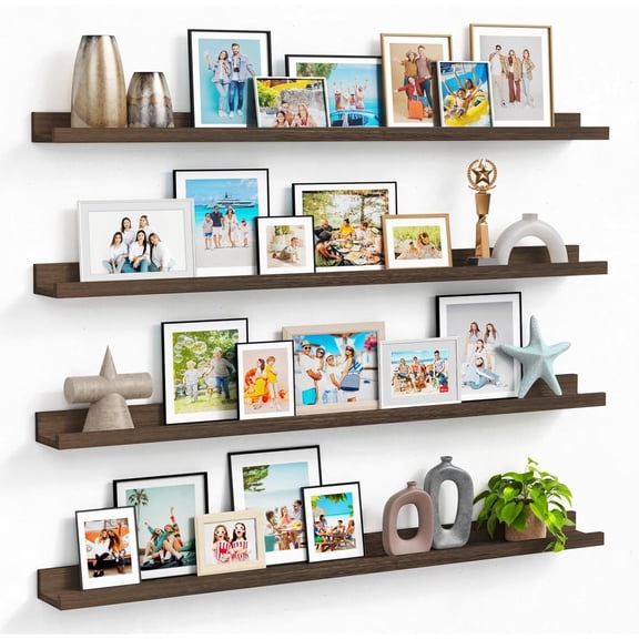Large Floating Shelves for Wall with Lip 4-Pack, 48 Inches Long Rustic Farmhouse Picture Wall Shelf for Classroom Library, Narrow Wooden Picture Ledge Shelf for Photo Frames Books (Dark Brown)