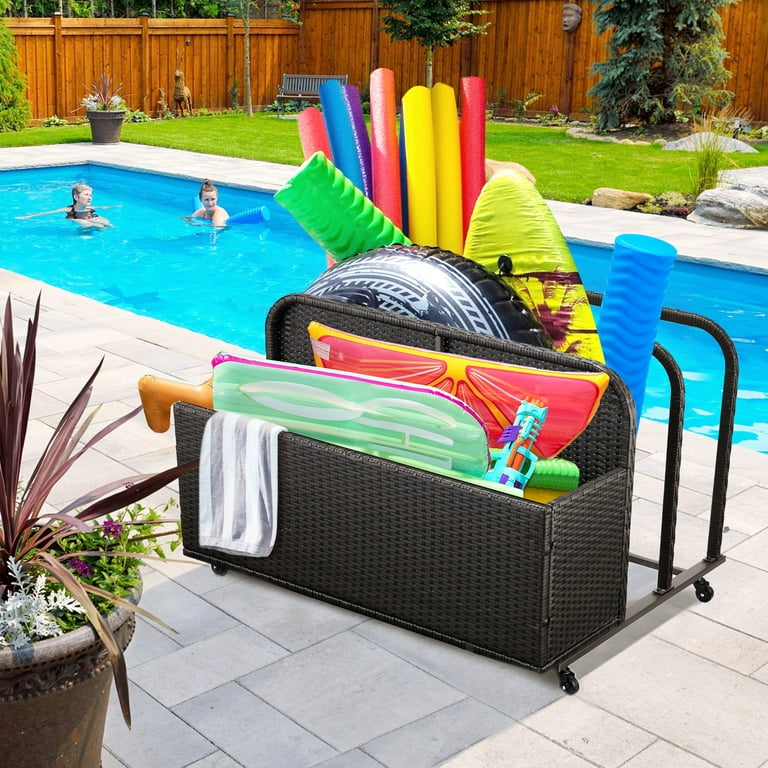 Poolside Float Storage Organizer Outdoor Wicker Rattan Pool Float Holder Storage Rack Outdoor Rolling Pool Caddy Patio Pool Storage Caddy with Rolling