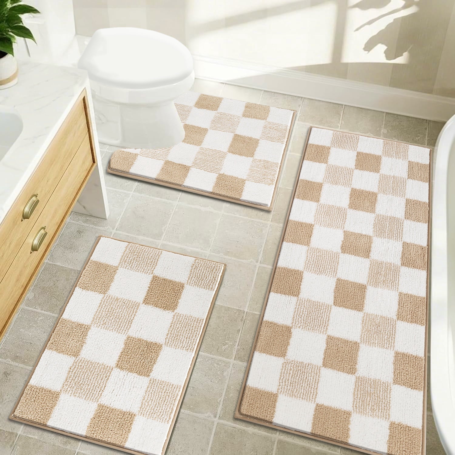 Bathroom Rugs, Yamaziot Checkered Beige Bath Rugs Runner with Toilet Mat, Non Slip Water Absorbent Microfiber, 3 Count