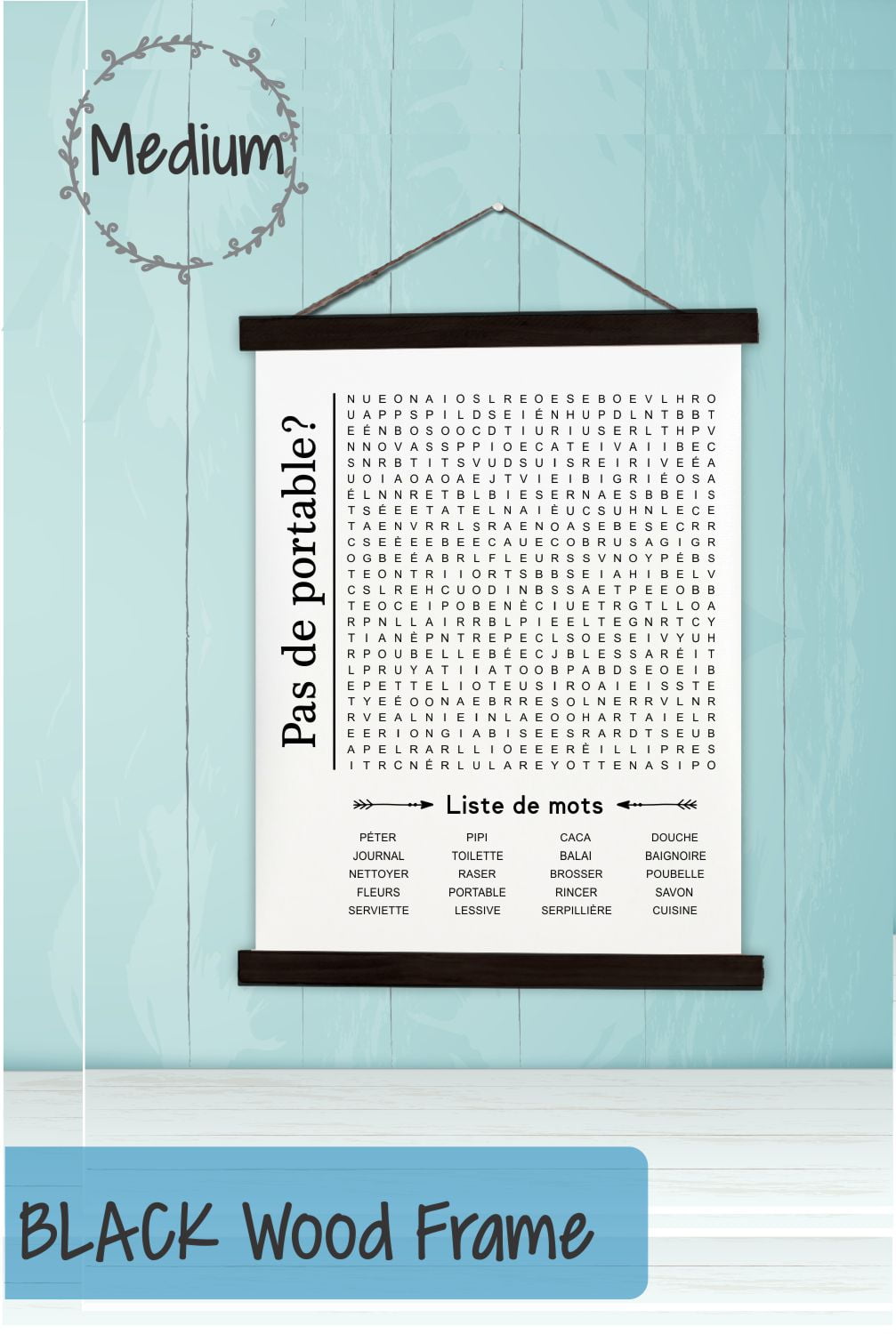 Black Wood, Canvas Sign, French Words Bathroom Décor Word Search Puzzle