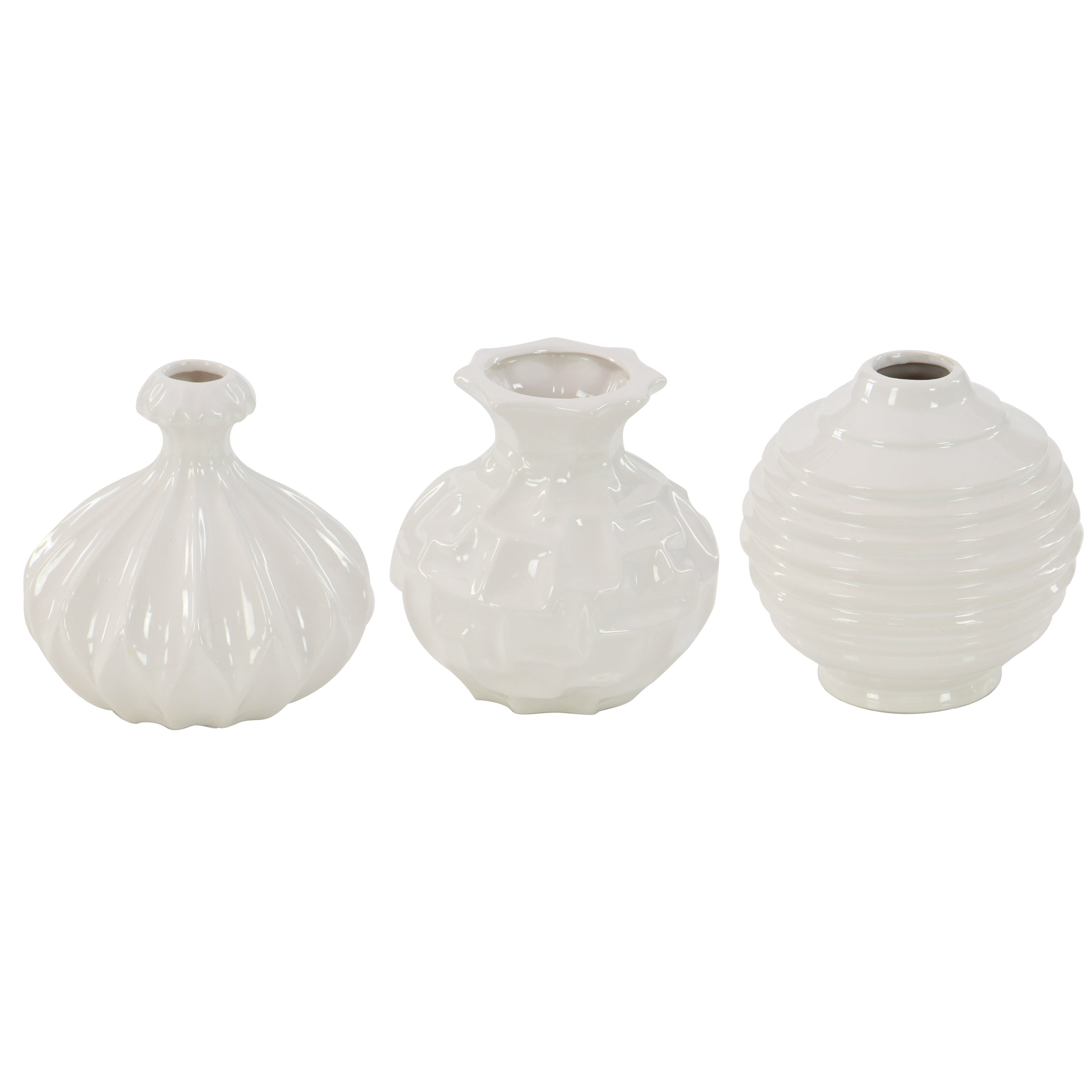 DecMode 6"W, 6"H Cream Ceramic Vase with Varying Patterns, Set of 3