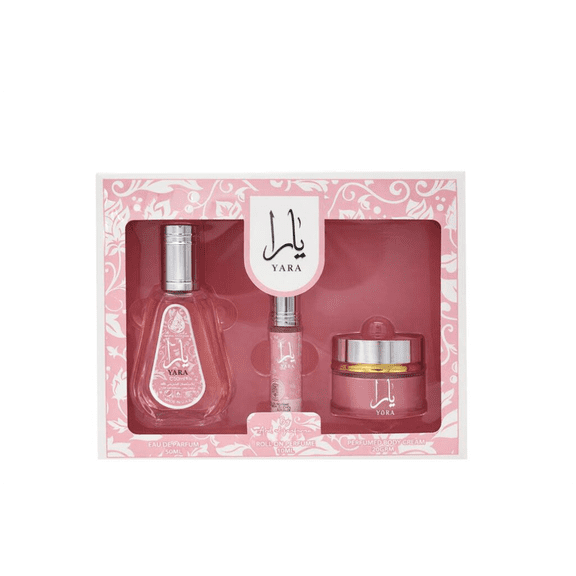Ard Al Zaafaran Yara 3-Piece Gift Set | Eau de Parfum 50ml Roll-On 10ml Body Cream 20g | Sweet Vanilla Floral Women’s Fragrance Set