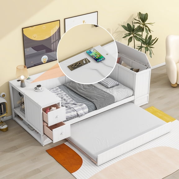 Pinovk Twin Size Daybed with Storage Arms, Trundle and Charging Station, White
