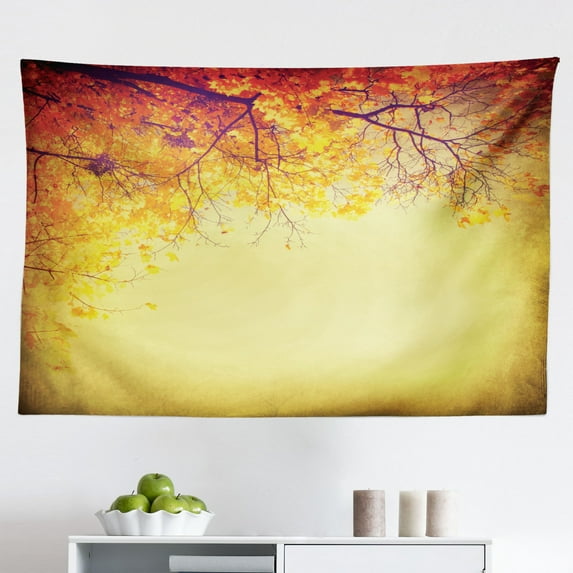 Leaves Tapestry, Majestic Mighty Oak Tree with Largely Broader Leaves Forest Sun Rays Nature, Fabric Wall Hanging Decor for Bedroom Living Room Dorm, 2 Sizes, Orange Green Brown, by Ambesonne