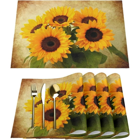 Vintage Sunflower Placemats Set of 6 Fabric Placemats Square Placemat for Kitchen Table Heat Resistant, Easy to Clean Table Placemats 12x18 Inch