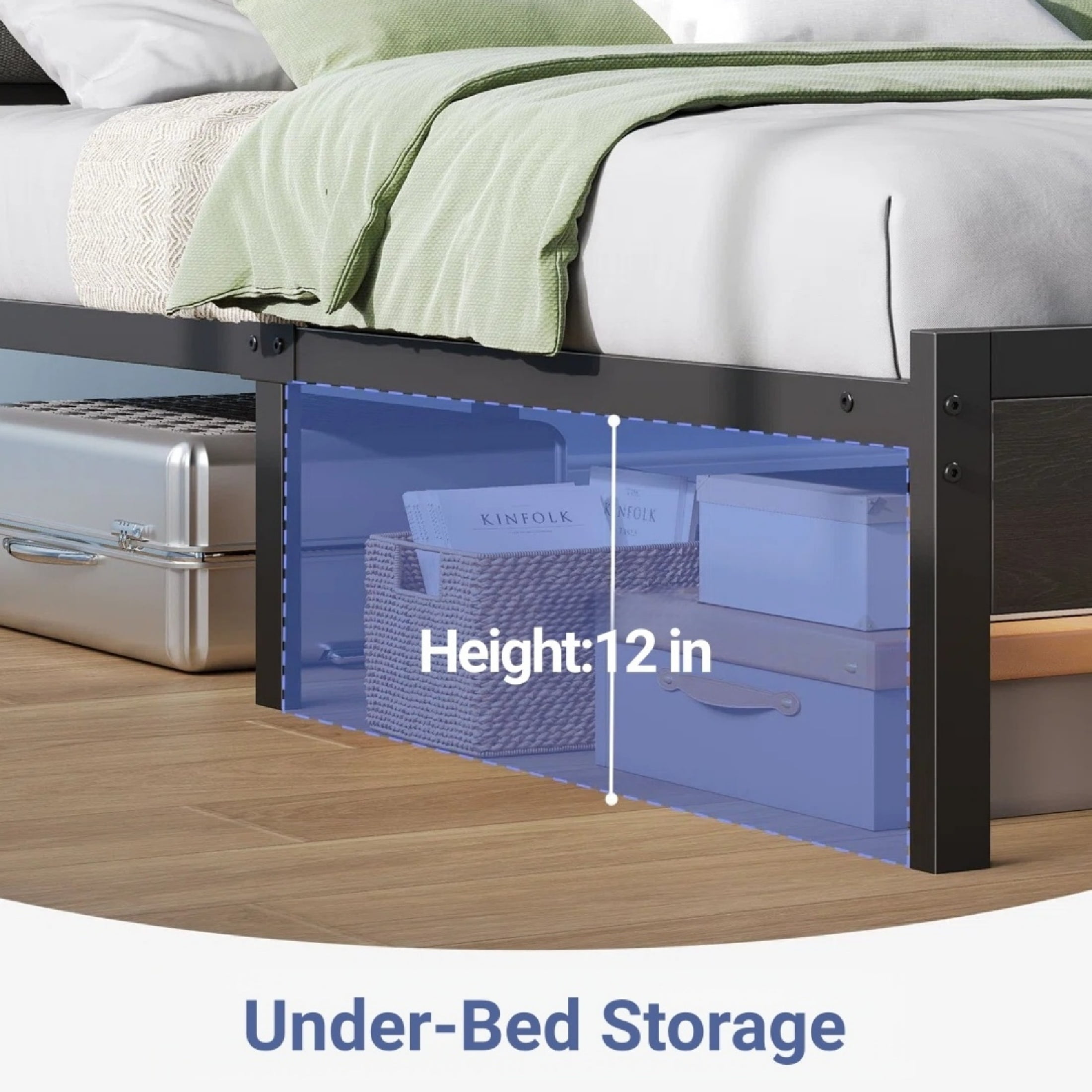 Haewon Queen Size Bed Frame with Upholstered Headboard, Metal Platform Bed Frame with USB Charging & LED Lights, Under-Bed Storage, No Box Spring Needed, Dark Grey