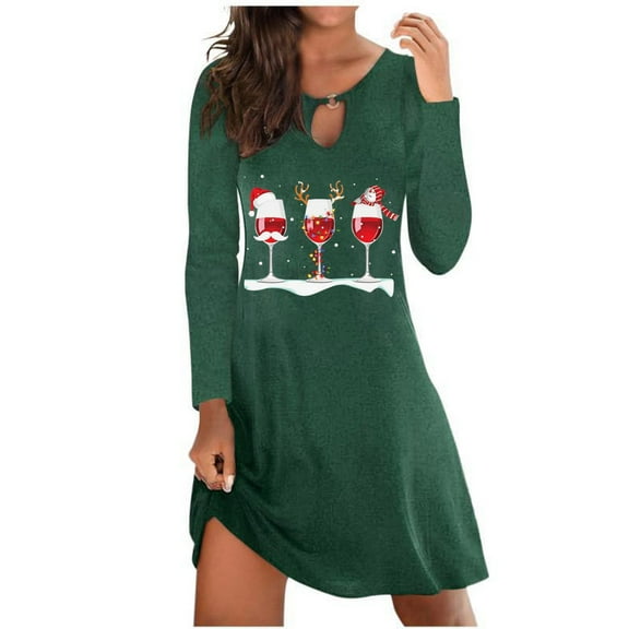 Lilgiuy Christmas Print For Women Casual Round-neck Long Sleeve Pullover Dress