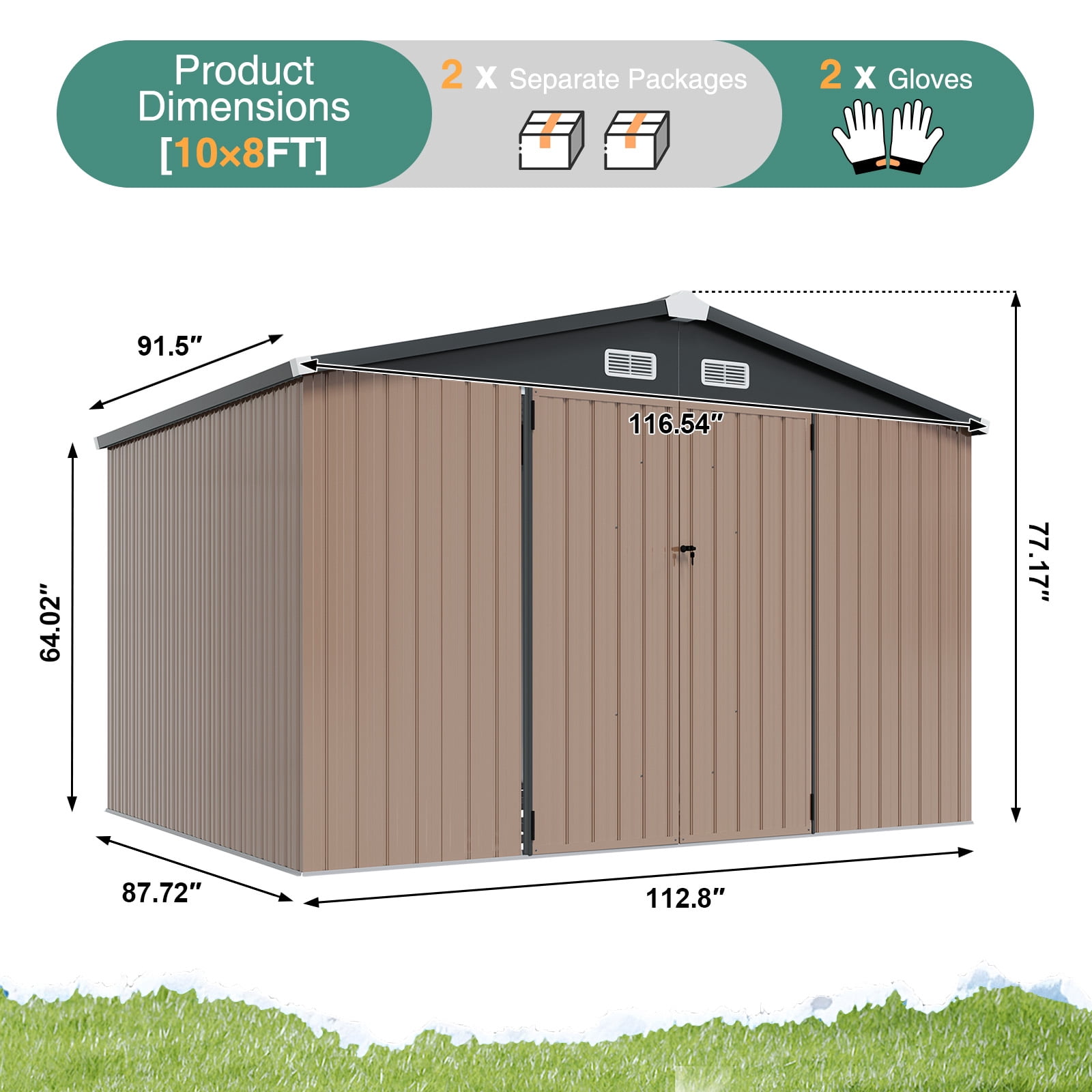 Metal Outdoor Storage Shed 9.7' x 7.6', Outdoor Metal Shed with Base Frame for Tool, Garden, Bike, Brown
