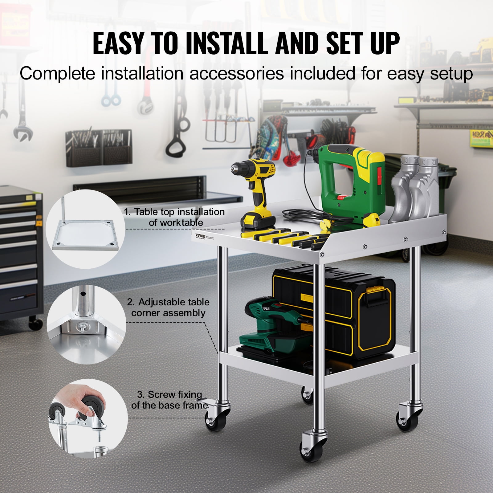 VEVOR Stainless Steel Work Table, 24 x 24 x 30 Inch Commercial Food Prep Worktable with 4 Wheels, Casters, 3-Sided Backsplash Heavy Duty Prep Worktable, Metal Work Table for Restaurant Home Hotel
