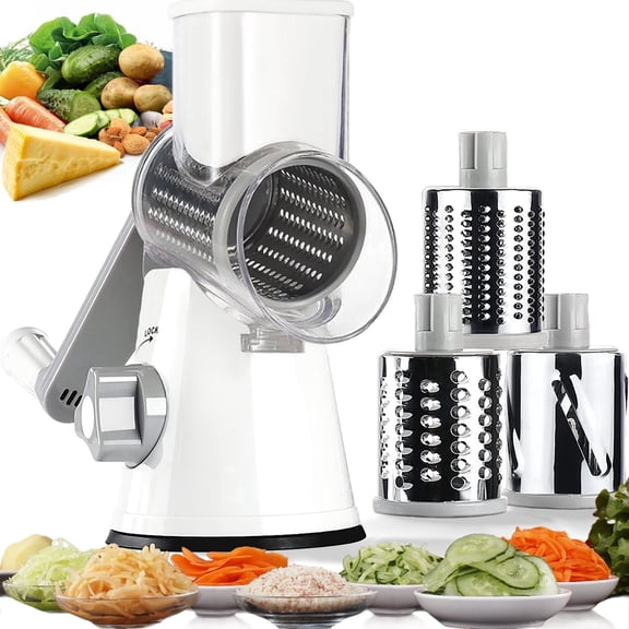 Anjinsoft Hand Crank Rotary Cheese Grater Shredder Veggie Slicer with 3 Stainless Steel Drum Blades, Strong Suction Base, White