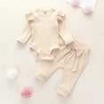 thumbnail image 3 of Qiylii Baby Ribbed Clothes Set Solid Color Ruffled Bodysuit+Bow Pants, 3 of 9