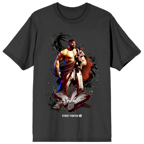 Street Fighter VI Ryu Character with Graffiti Name Men's Charcoal Heather Short Sleeve Crew Neck Tee-3XL