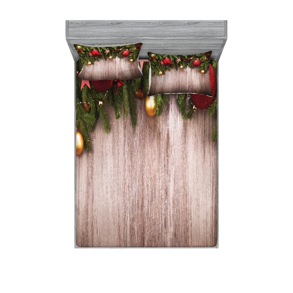 Ambesonne Christmas Fitted Sheet & Pillow Sham Set, Wooden Rustic Xmas, Queen, Brown Green Red