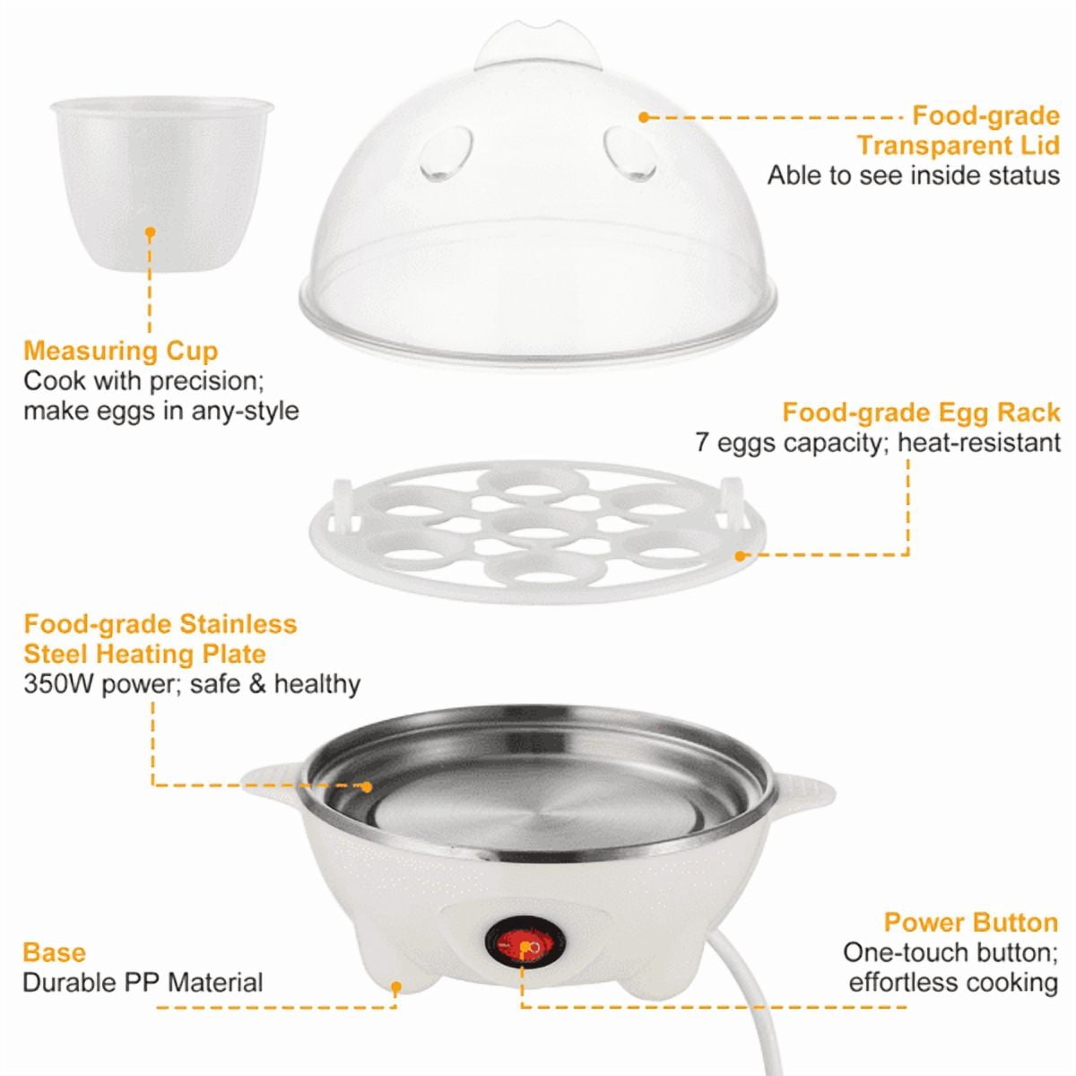 Electric Egg Cooker, 7‑Egg Capacity Multi‑Function Egg Boiler with Auto Shut‑Off, Measuring Cup & Egg Piercer Included for Soft Hard Boiled Eggs, Steaming Vegetables Dumplings