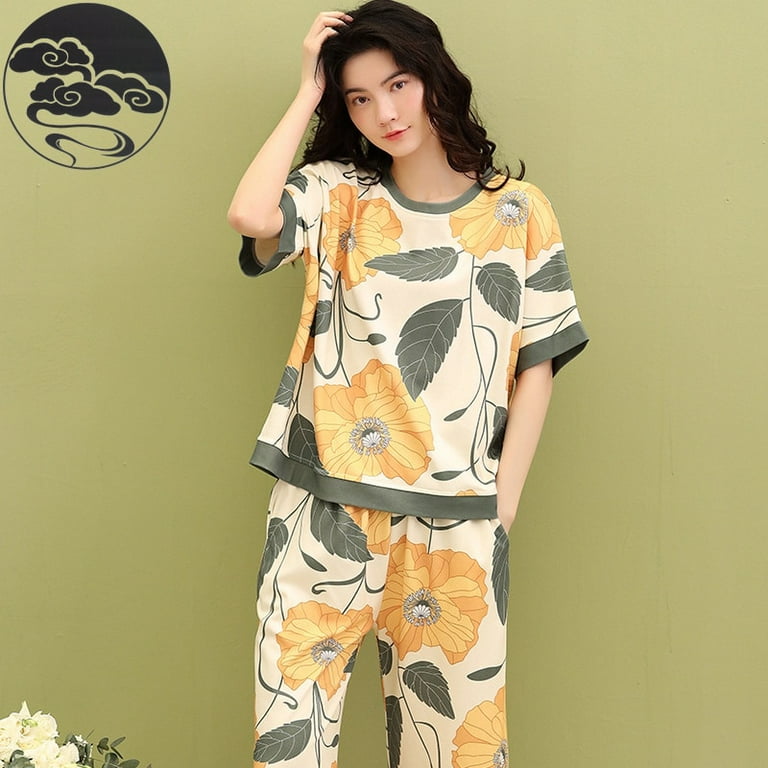 QWZNDZGR Knitted Cotton Floral Pajamas Set Women Pyjamas Nightwear Pijama Mujer Plus Size Calf-Length Pants Home -