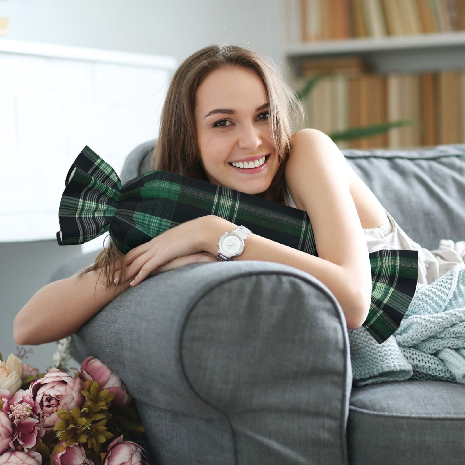 Candy Throw Pillow Travel Cervical Pillow Cylindrical Neck Body Cushion With Insert For Bed Couch Home Decor 9.8x24.4in Green Buffalo Plaid Check Tartan Scotland_1