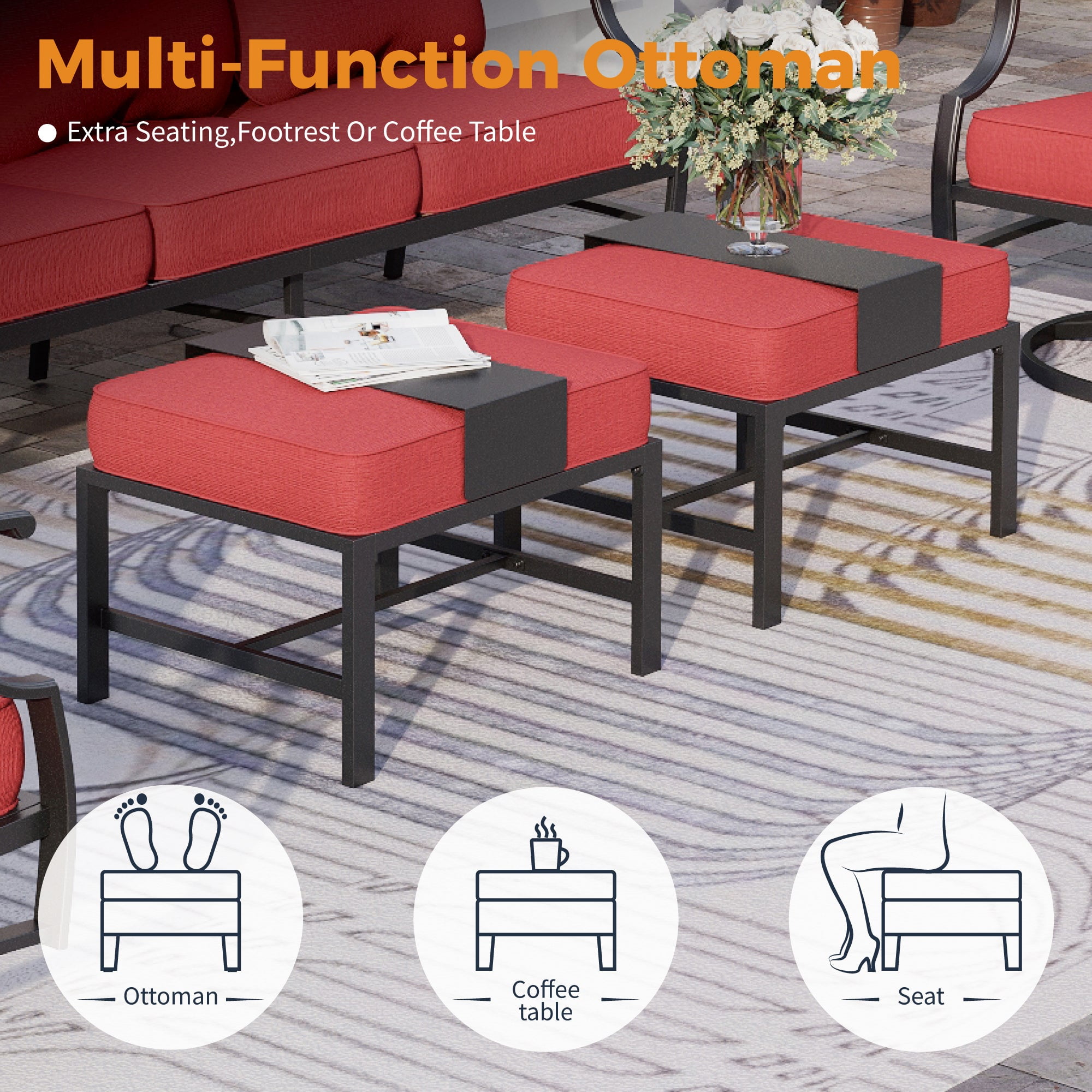 Sophia&William 9 Seat Outdoor Patio Furniture Set Outdoor Conversation Set Outside Sofa with 4 Chairs & 2 Ottomans for Deck, Lawn, Backyard, Red