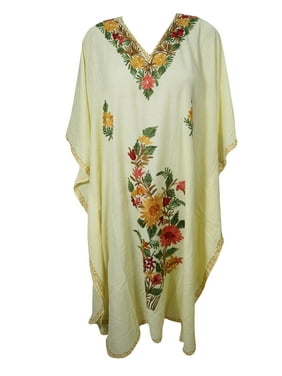 Mogul Lemon Yellow Floral Short Caftan Embellished Bikini Cover Up Resort Style Tunic Dress Kaftan One Size