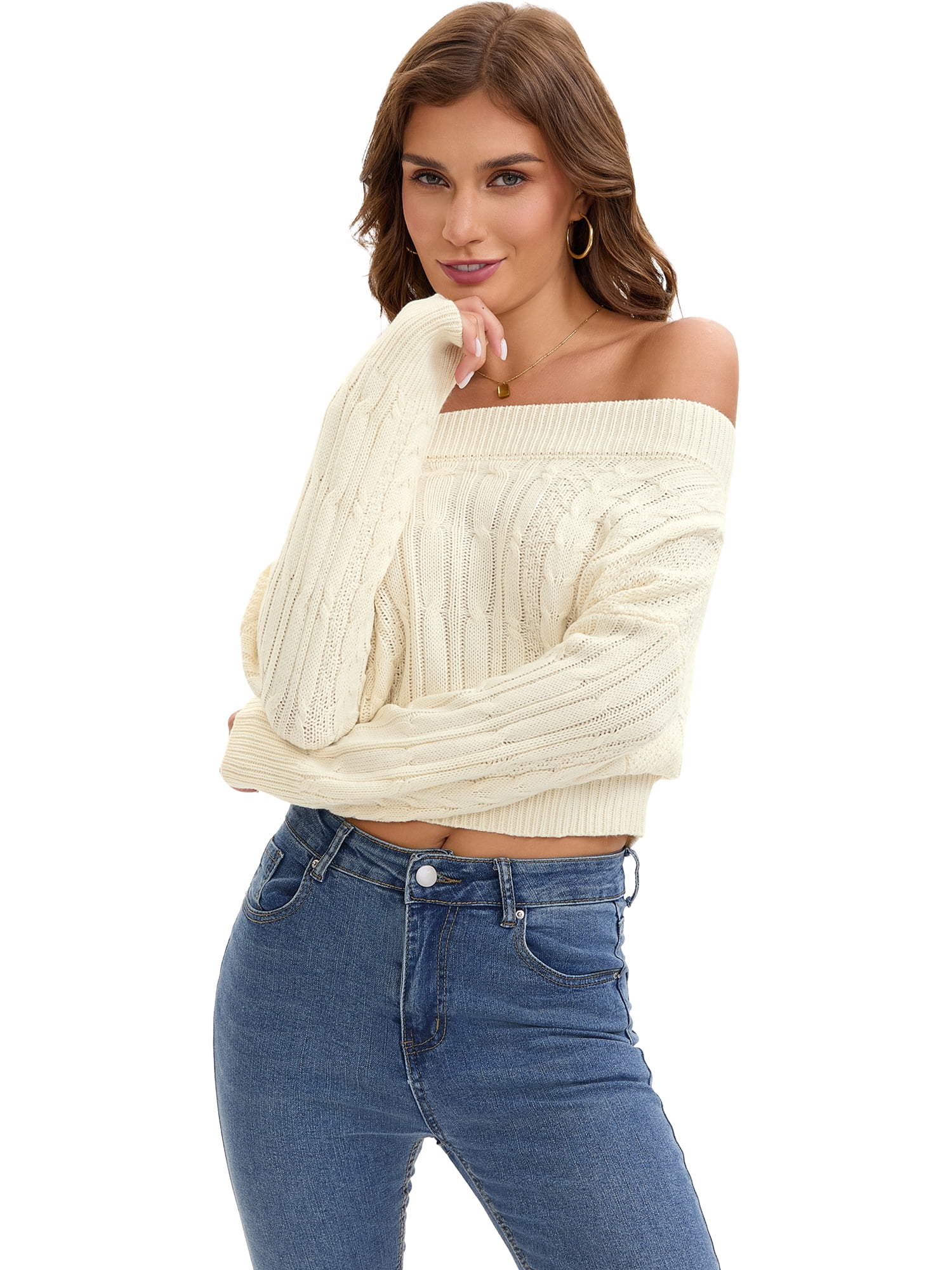 DARING DIVA Women's Off Shoulder Cable Knit Cropped Batwing Long Sleeve Sweater M Apricot