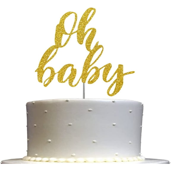 Oh Baby Cake Topper Gold Glitter, Baby Shower Party Decoration, Sturdy Doubled Sided Glitter, Acrylic Stick. Made in USA