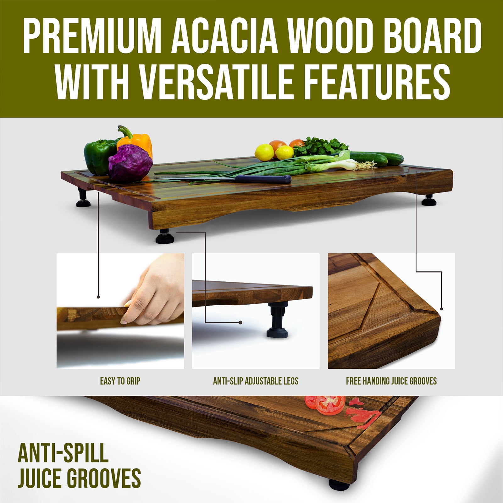 Cucina Green 30 inches Noodle Board, Butcher Block for Chopping Meat and Vegetables Adjustable Legs