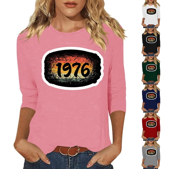 Birthday Gift Tees For Women Crew Neck 3/4 Length Sleeve Pullover Tops Vintage Casual Loose 1976 Print T Shirts (XL, Pink)