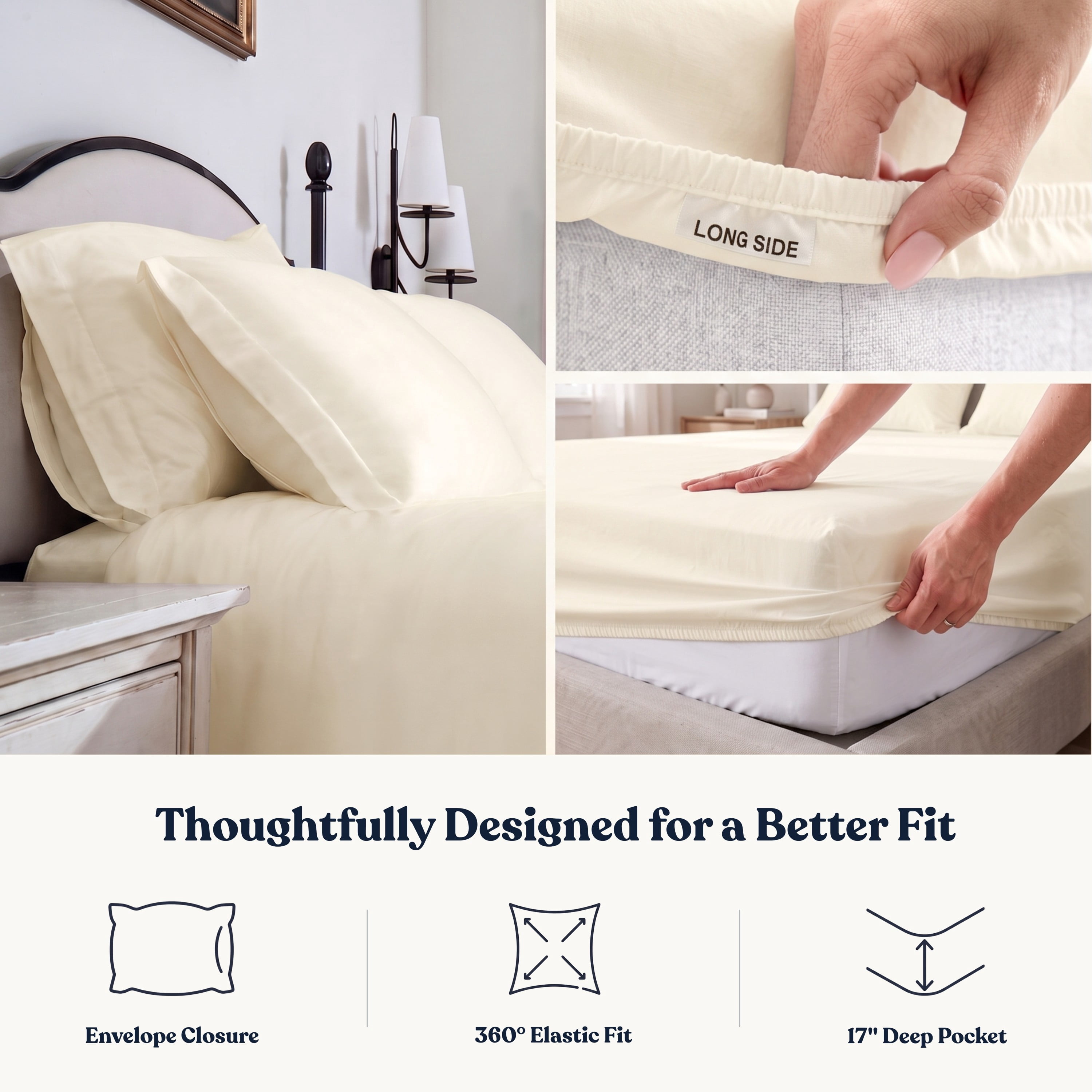 Delara Organic Cotton Percale California King Fitted Sheet, 400 TC GOTS Certified, Soft Moisture-Wicking Breathable, Ivory 72"x84" 17" Deep